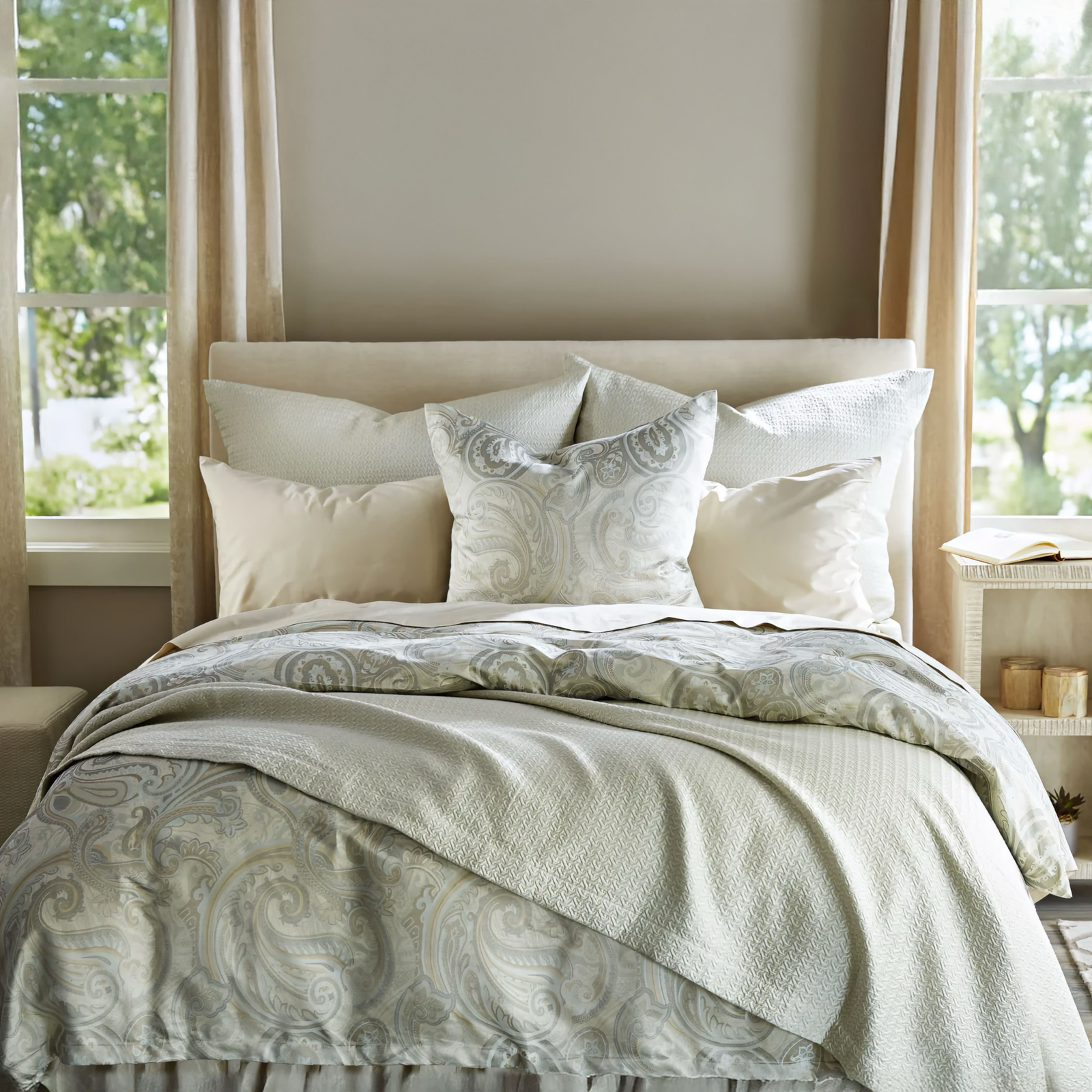 Taifun Bottleglass duvet cover & european decorative pillow, Kimi Silk Bottleglass cover and large decorative pillows, and Julia Creme sheeting and standard pillows.