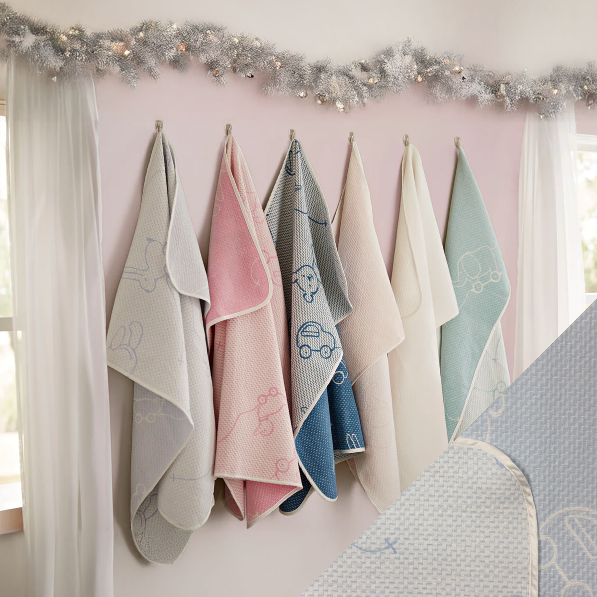 Hanging SDH Wheels Baby Blankets with Blue Swatch