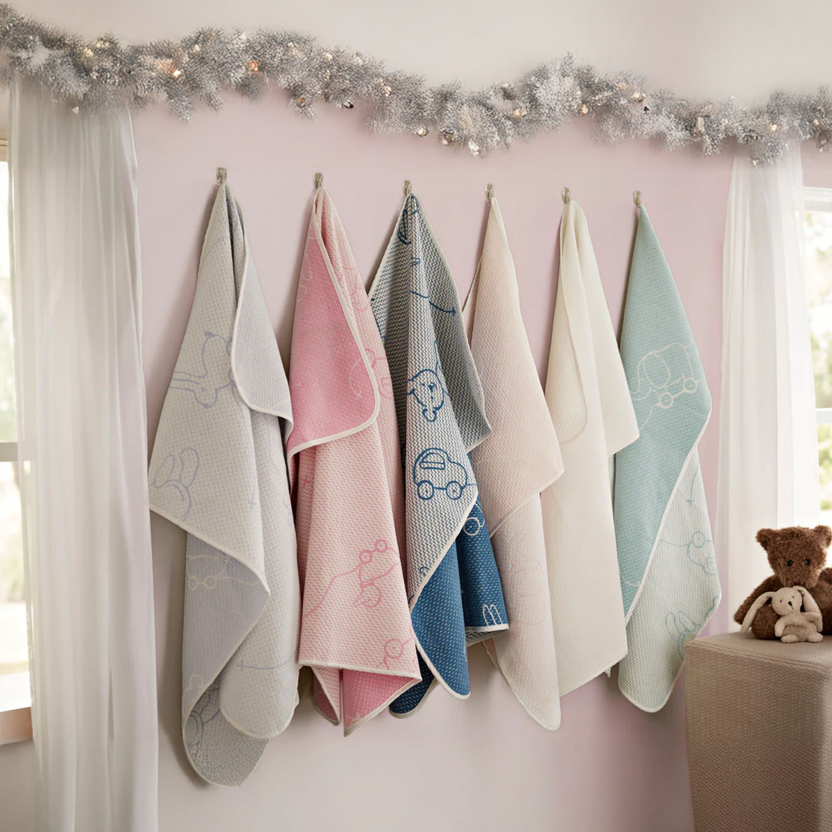 Blue Wheels Blanky, Pink Wheels Blanky, Denim Wheels Blanky, Rosewater Wheels Blanky, Stucco Wheels Blanky, Aruba Wheels Blanky.