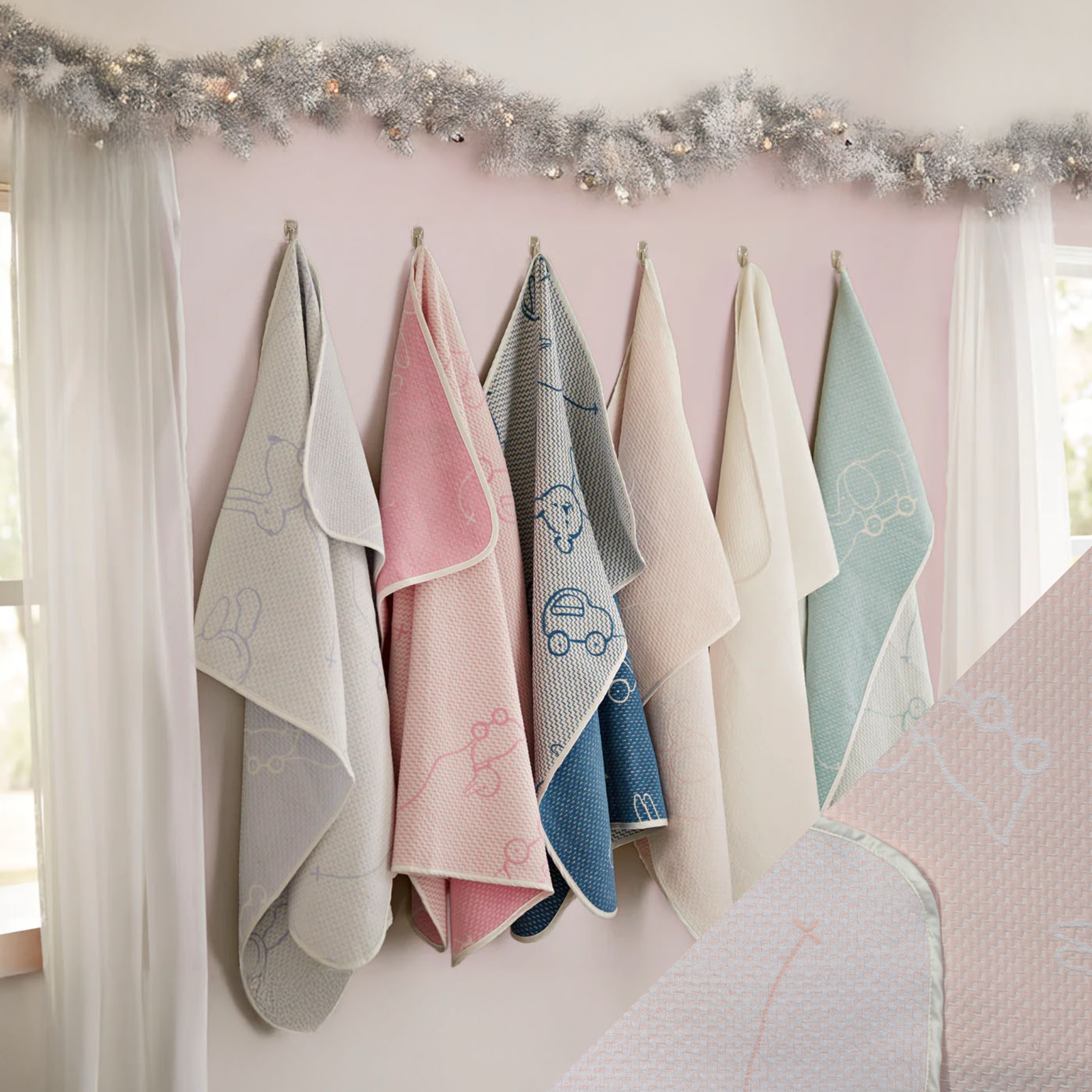 Hanging SDH Wheels Baby Blankets with Rosewater Swatch