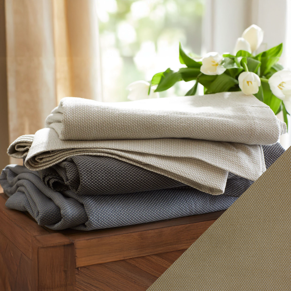 SDH Wicker Bedding Stack with Oregano Swatch