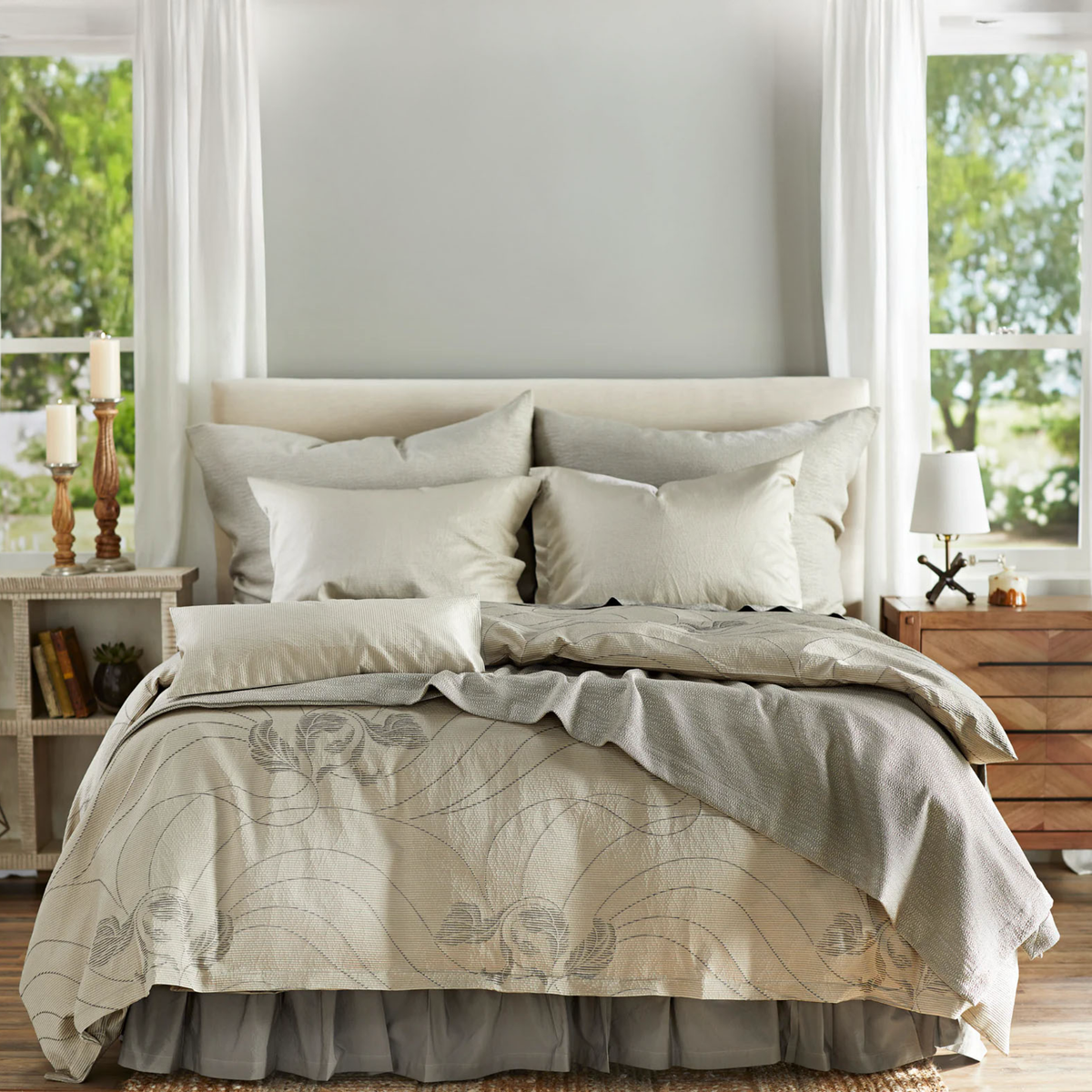 Zoya Ash duvet cover, Sumi Ash cover and large decorative pillows, Shutter Sahara standard pillows and 12" x 24" decorative pillow.