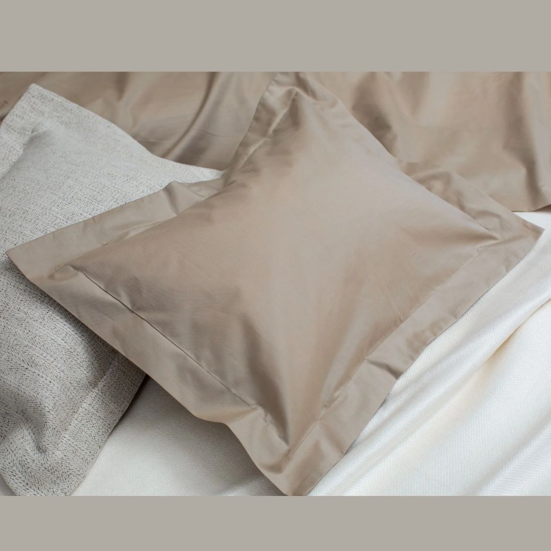 SDH Capri Percale Porcini sham with Legna Cloud Blanket and Camden Tan boudoir sham
