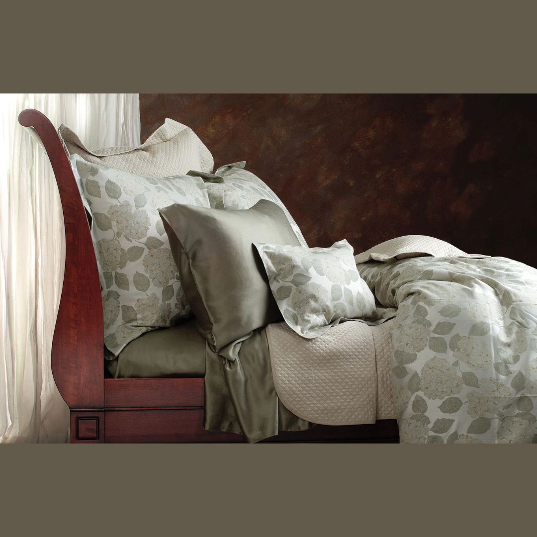 Hydrangea Sage european flange pillows, boudoir and duvet cover, Far East Oyster flange european pillow, cover & boudoir.