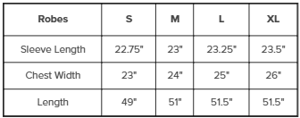 Sizing chart for the Sferra Bello Nuovo Robe, a luxury bathrobe, showing sleeve, chest, and length measurements by size.