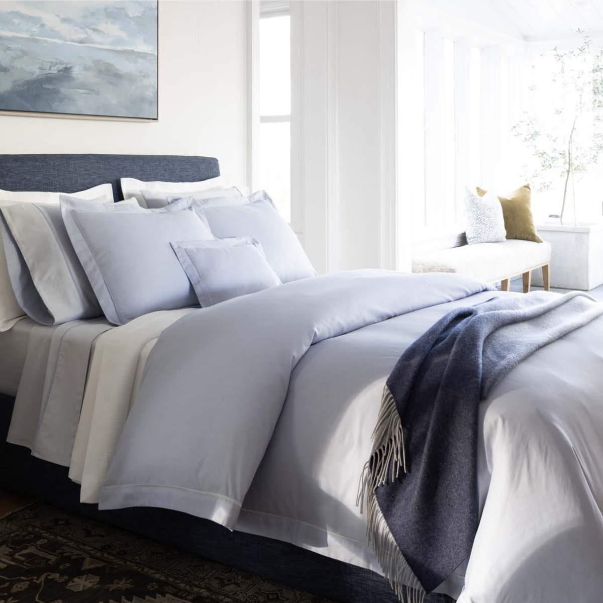 Bed with Scandia Home Alistair Bedding in Cielo color