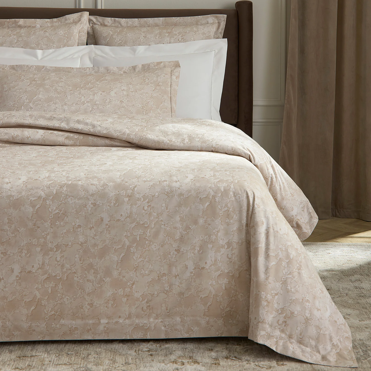 Corner View of Sferra Altea Duvet Cover and Shams in Khaki