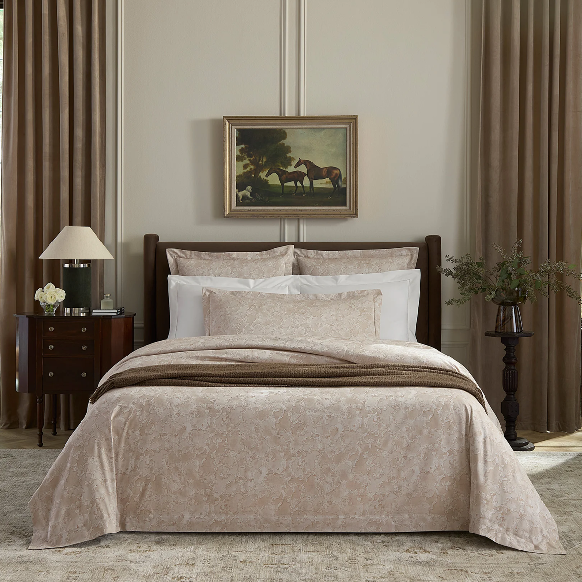 Bed with Sferra Altea Duvet Cover and Shams in Khaki