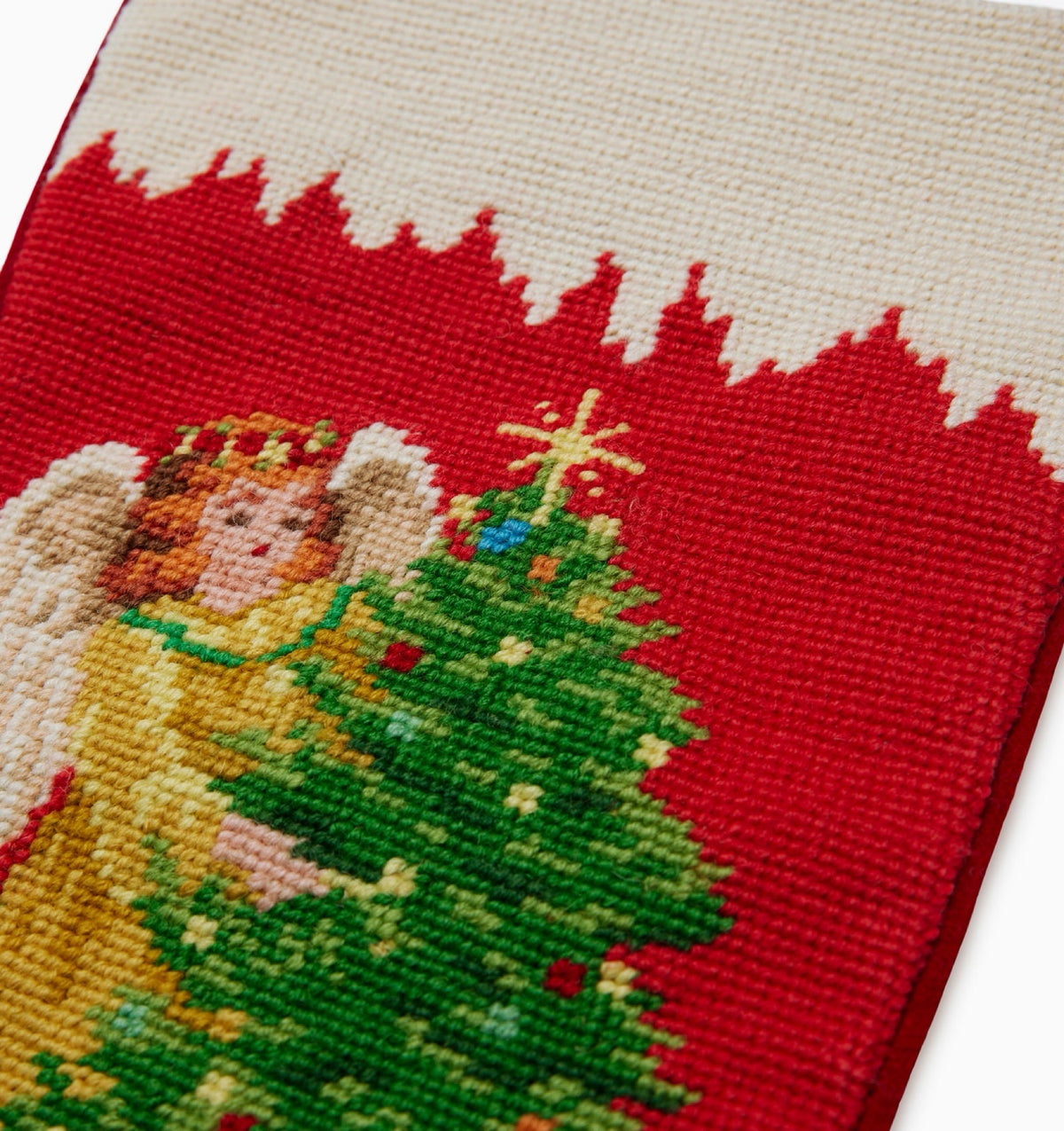 Closeup of Sferra Angel Mom Holiday Stocking in Red