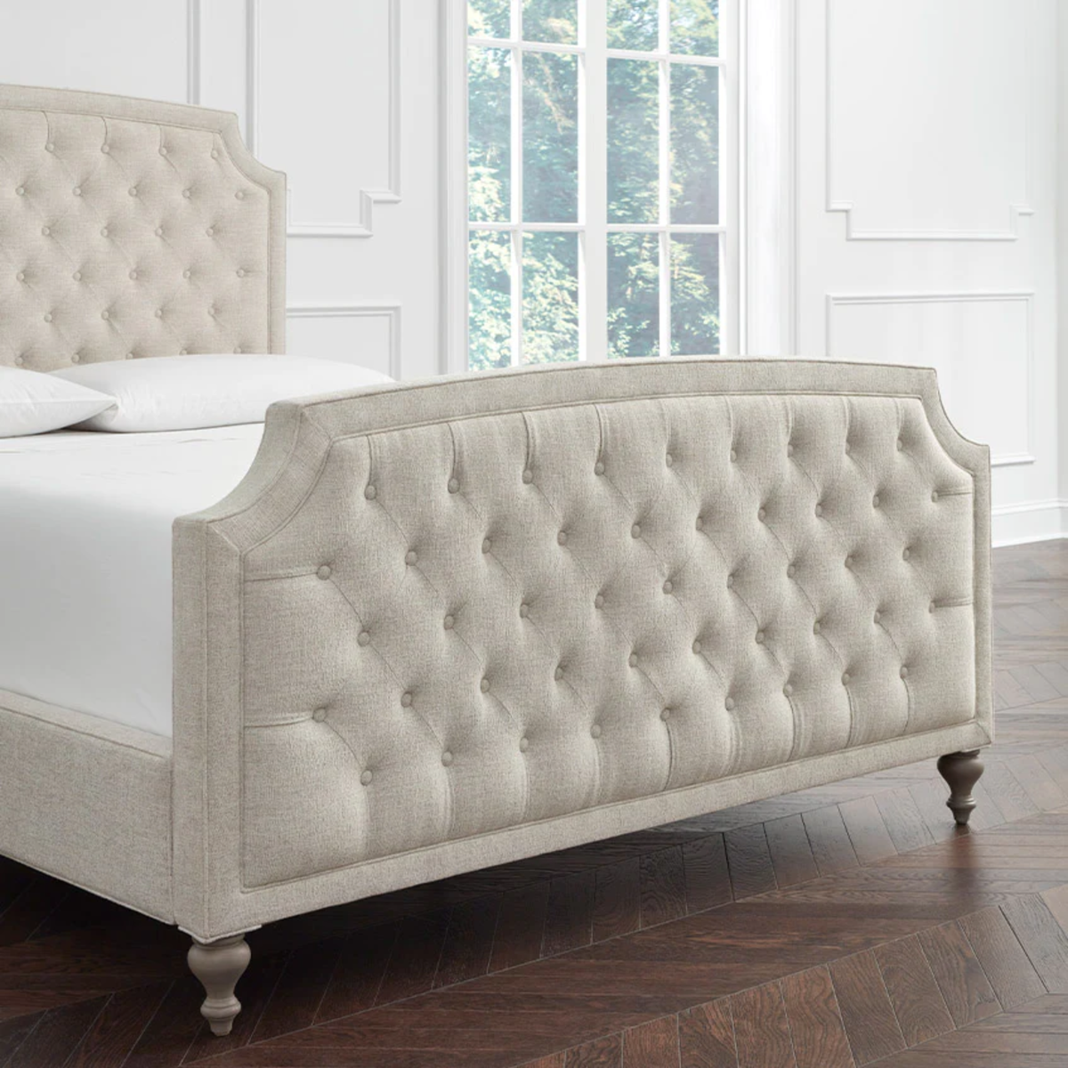 Corner View of Headboard, Rails and Footboard of Sferra Ashville Upholstered Bed