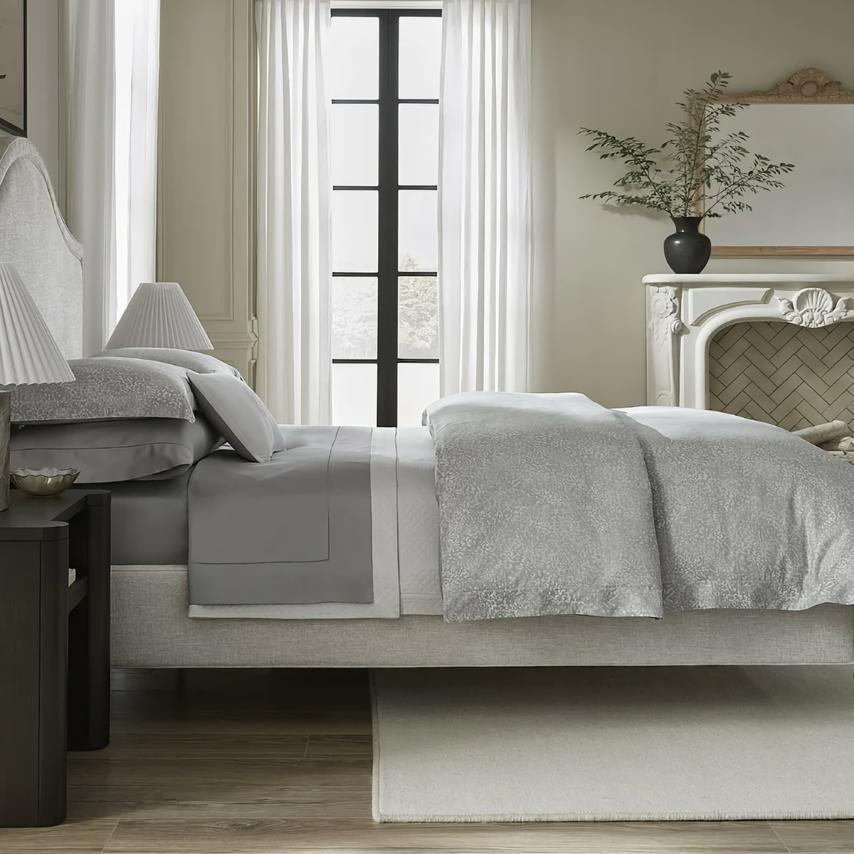 Sideview of Sferra Bione Bedding in Color Slate with Coordinate