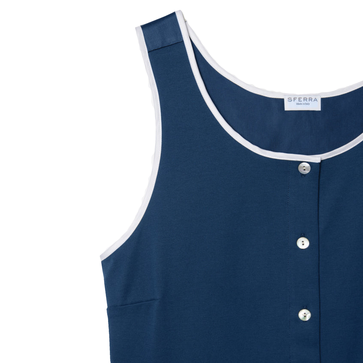 Corner View of Navy Sferra Caricia Buttoned Tank Top against a white background