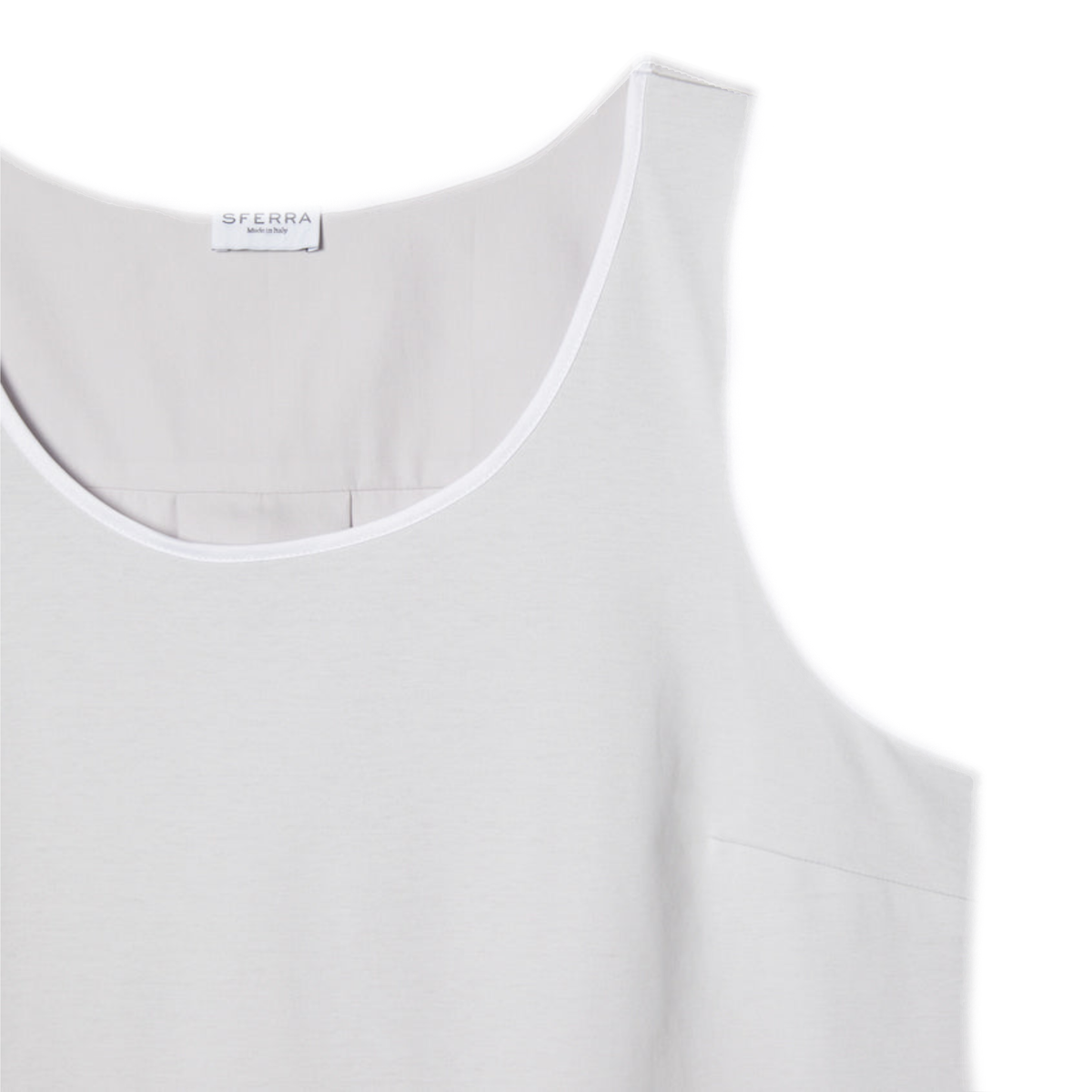 Corner View of Tin Sferra Caricia Swing Tank Top against a white background