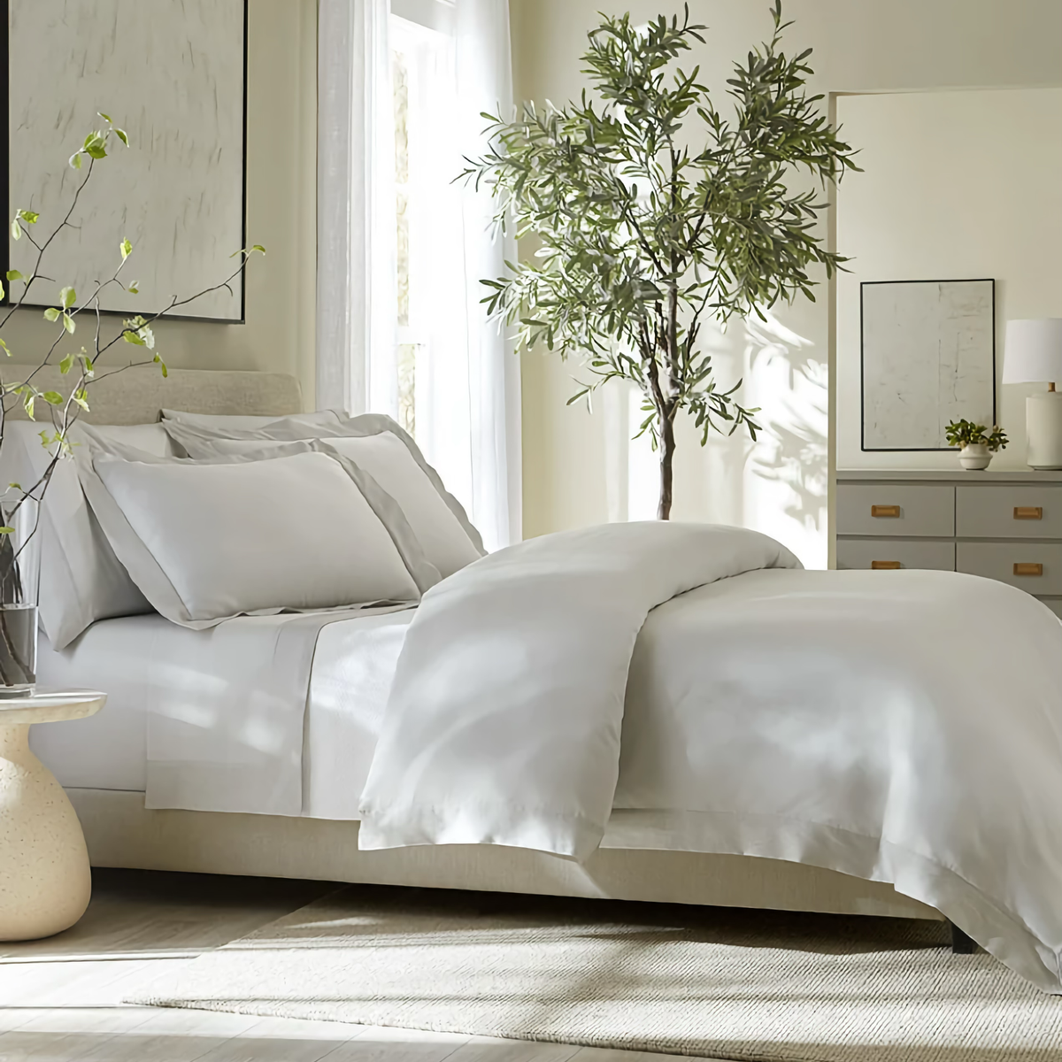 Side View of Full Bed in Sferra Carlotta Bedding in Color Grey