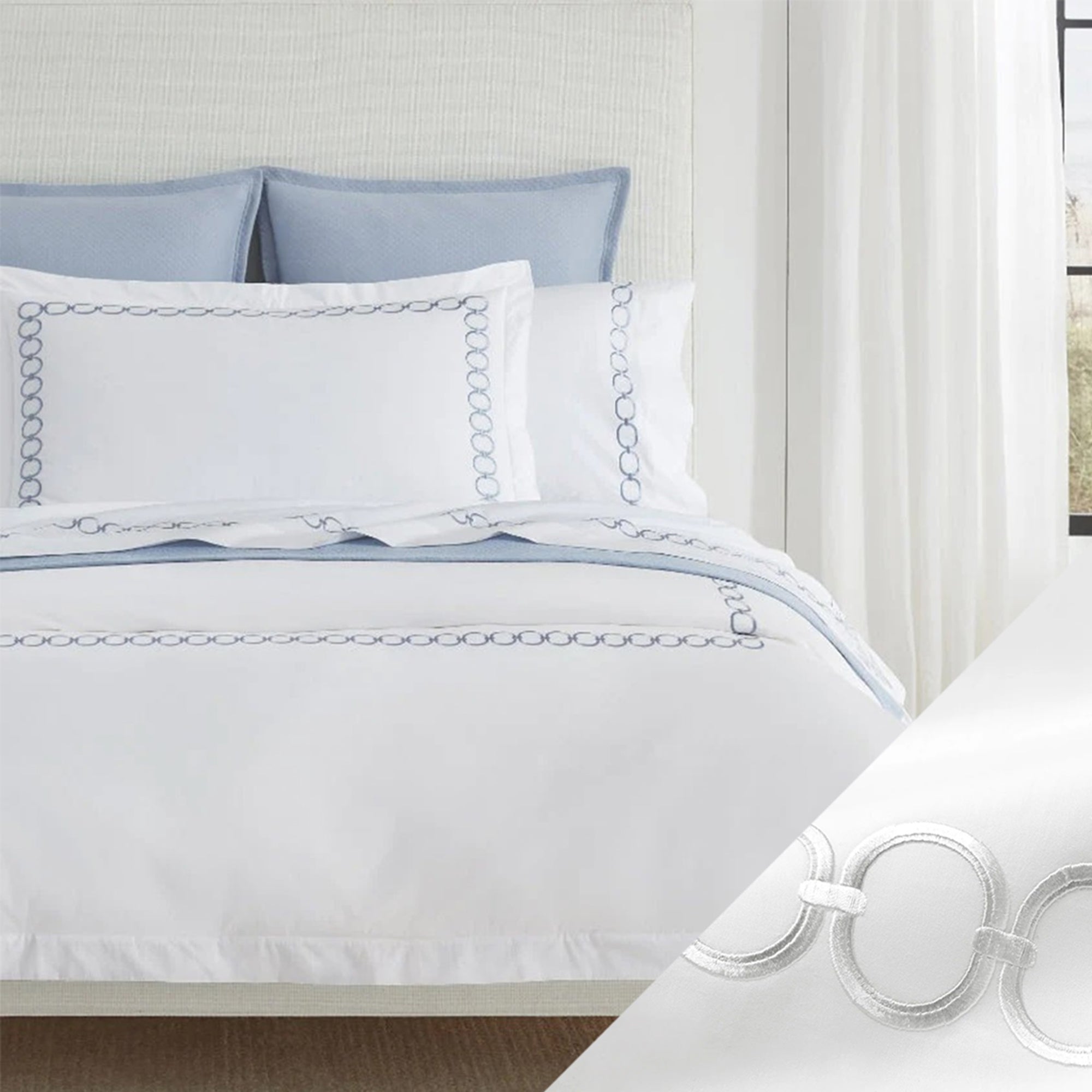 Bed Dressed in Sferra Catena Bedding with Swatch in White/Lunar Color