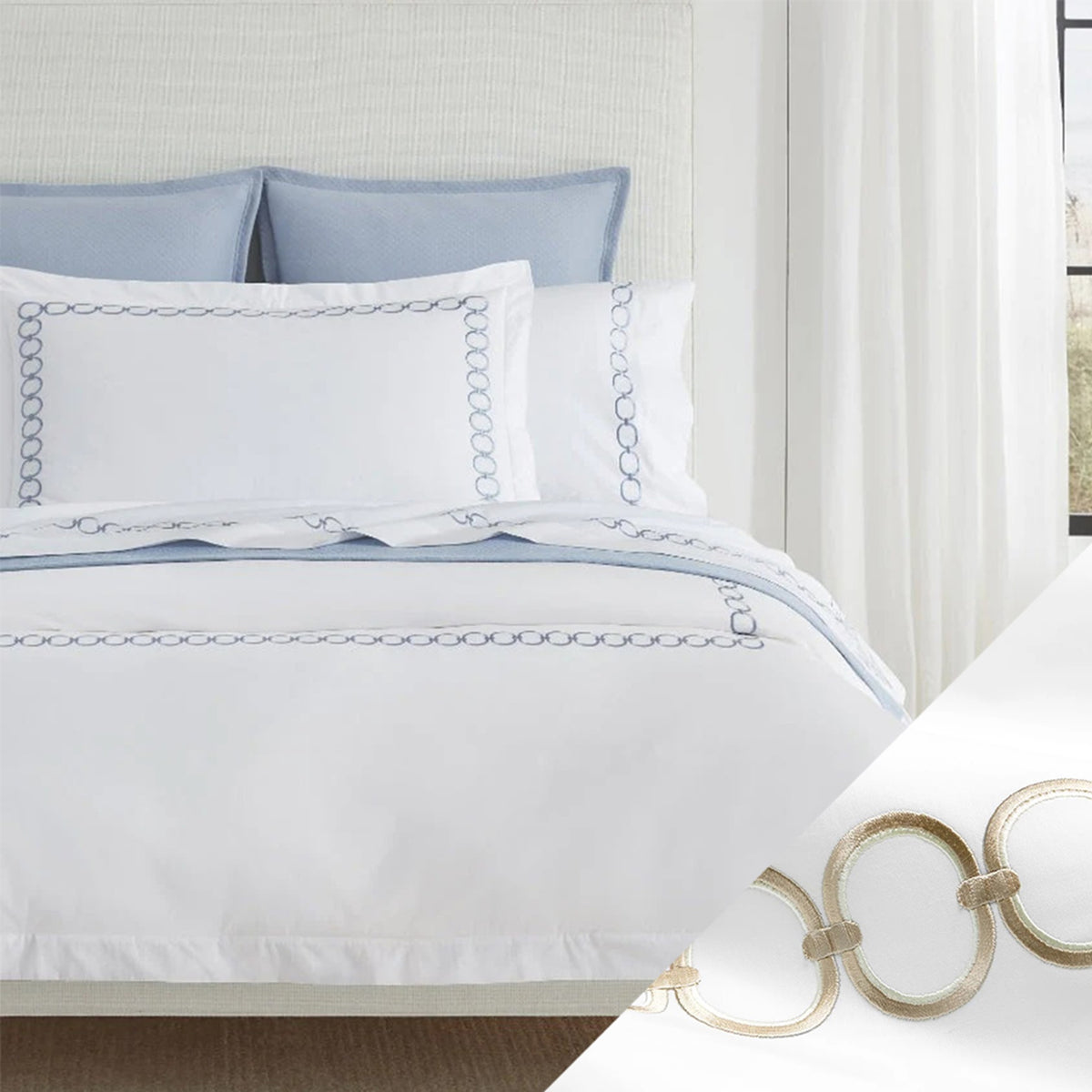 Bed Dressed in Sferra Catena Bedding with Swatch in White/Sand Color