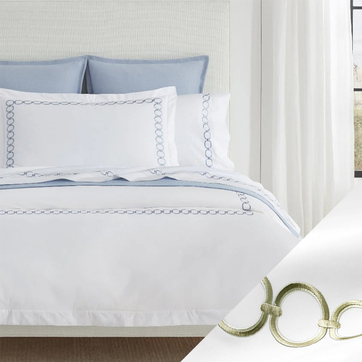 Bed Dressed in Sferra Catena Bedding with Swatch in White/Willow Color