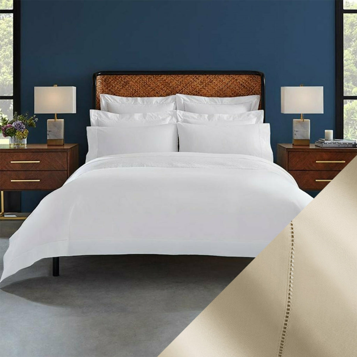 Bed Dressed in Sferra Celeste Bedding Collection with Swatch in Color Sand