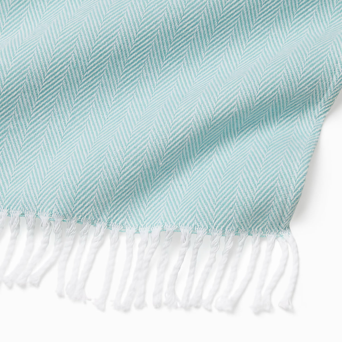 Fringe Detail of Sferra Celine Throw Blanket in White and Aqua colors