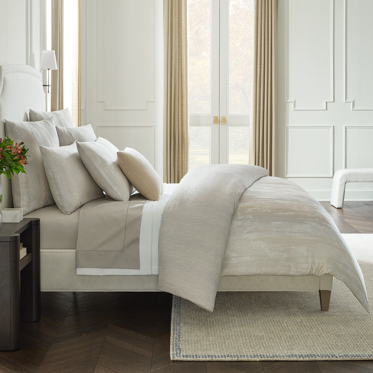 Sideview of Full Bed Dressed in Sferra Cloister Bedding in Fog Color