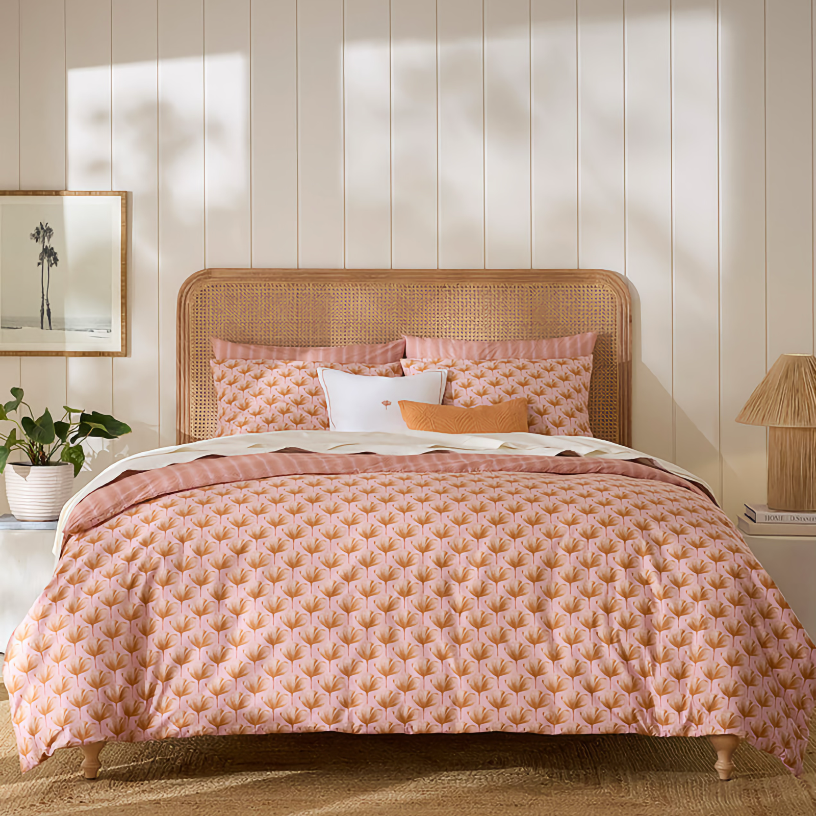 Bed in Pink and Orange Sferra Edna Duvet Cover and Shams Collection