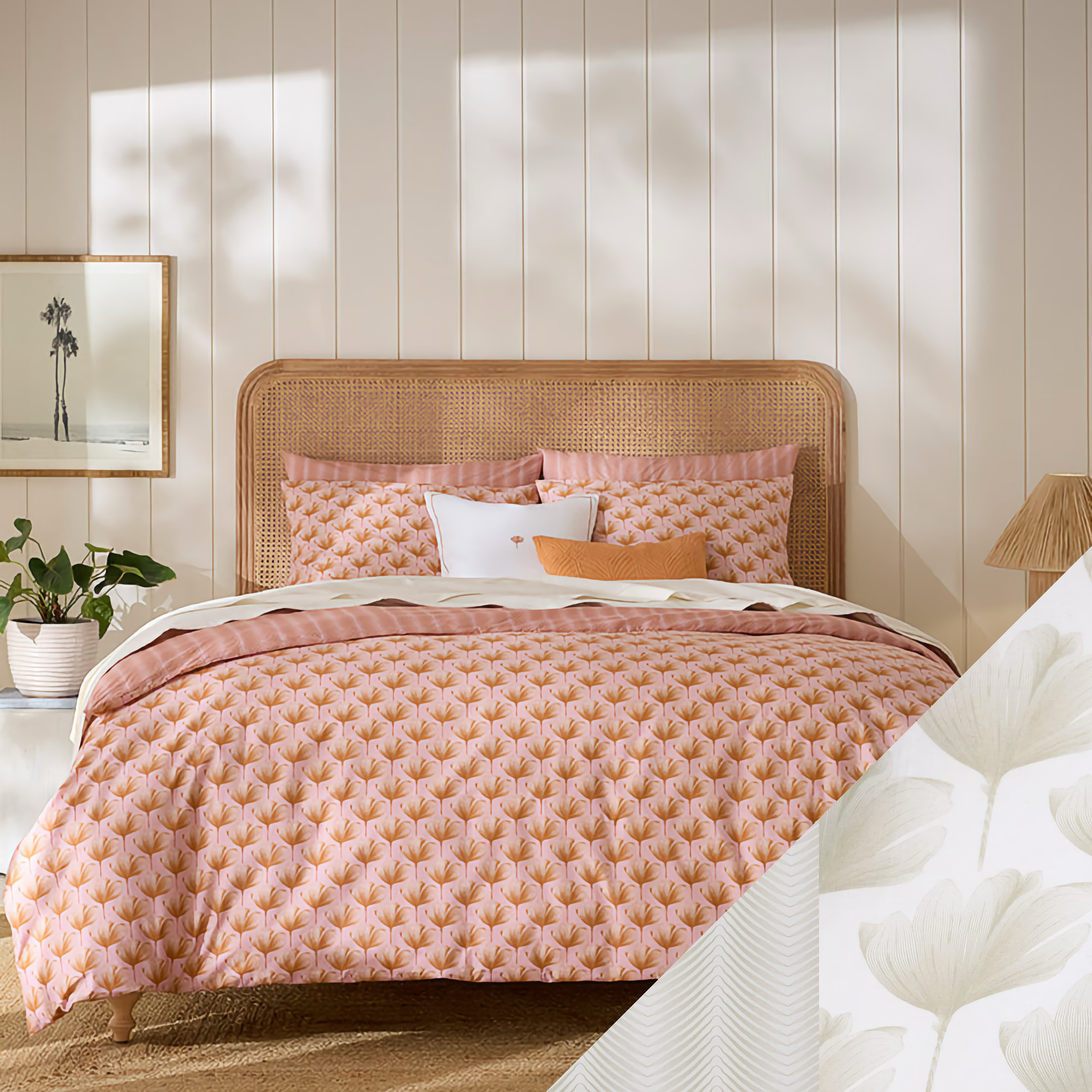 Bed in Pink and Orange Sferra Edna Duvet Cover and Shams Collection with White and Beige Swatch