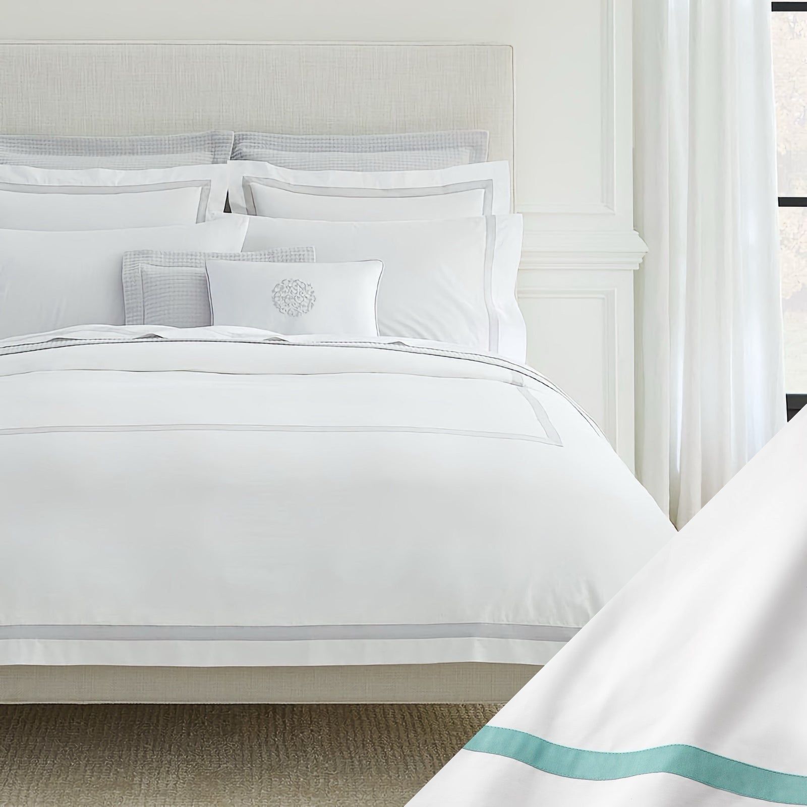 Sferra Estate Bedding with White and Aqua swatch
