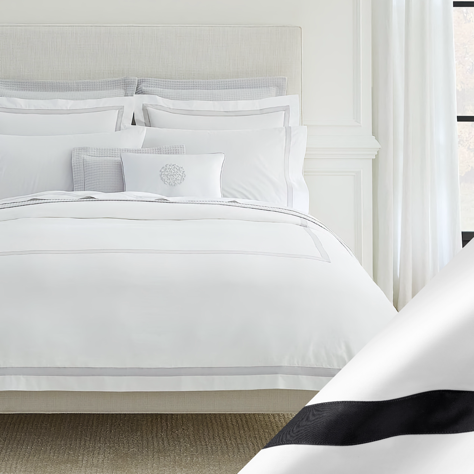Sferra Estate Bedding with White and Black Swatch