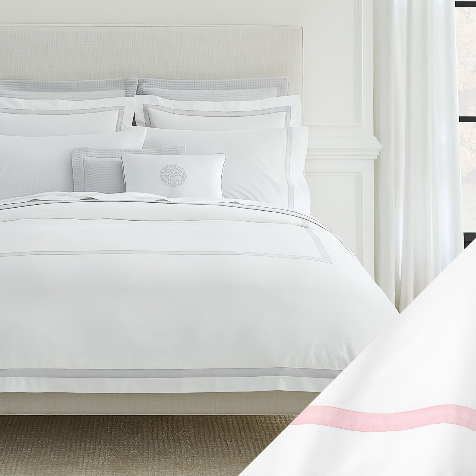 Sferra Estate Bedding with White and Carnation Swatch