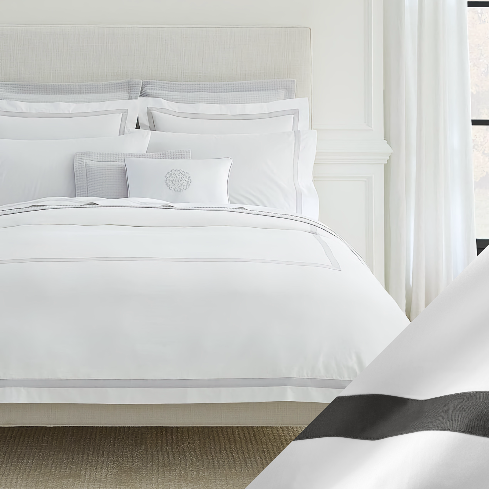 Sferra Estate Bedding with White and Charcoal Swatch