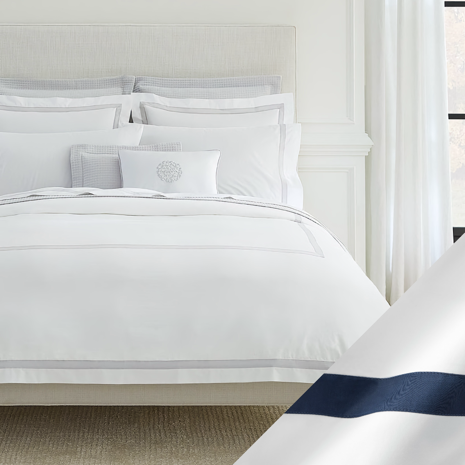 Sferra Estate Bedding with White and Navy Swatch