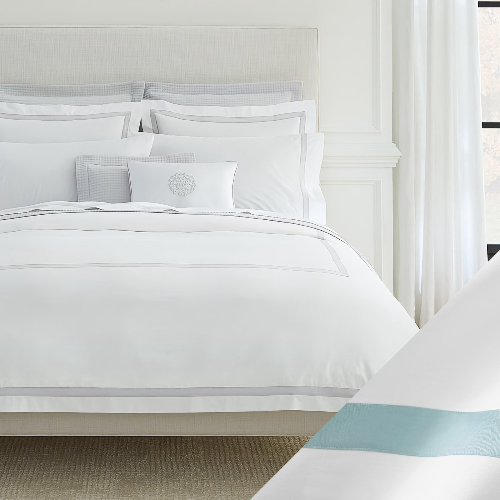 Sferra Estate Bedding with White and Poolside Swatch
