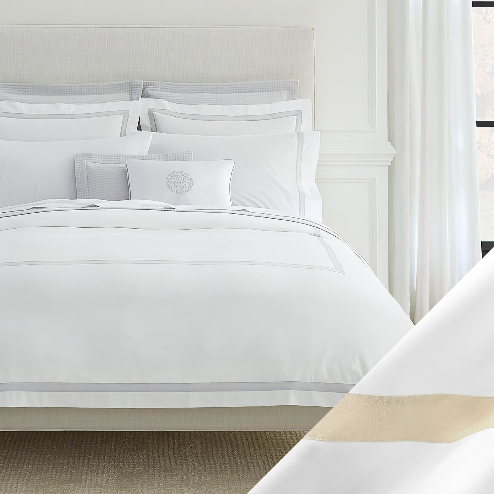Sferra Estate Bedding with White and Sand Swatch