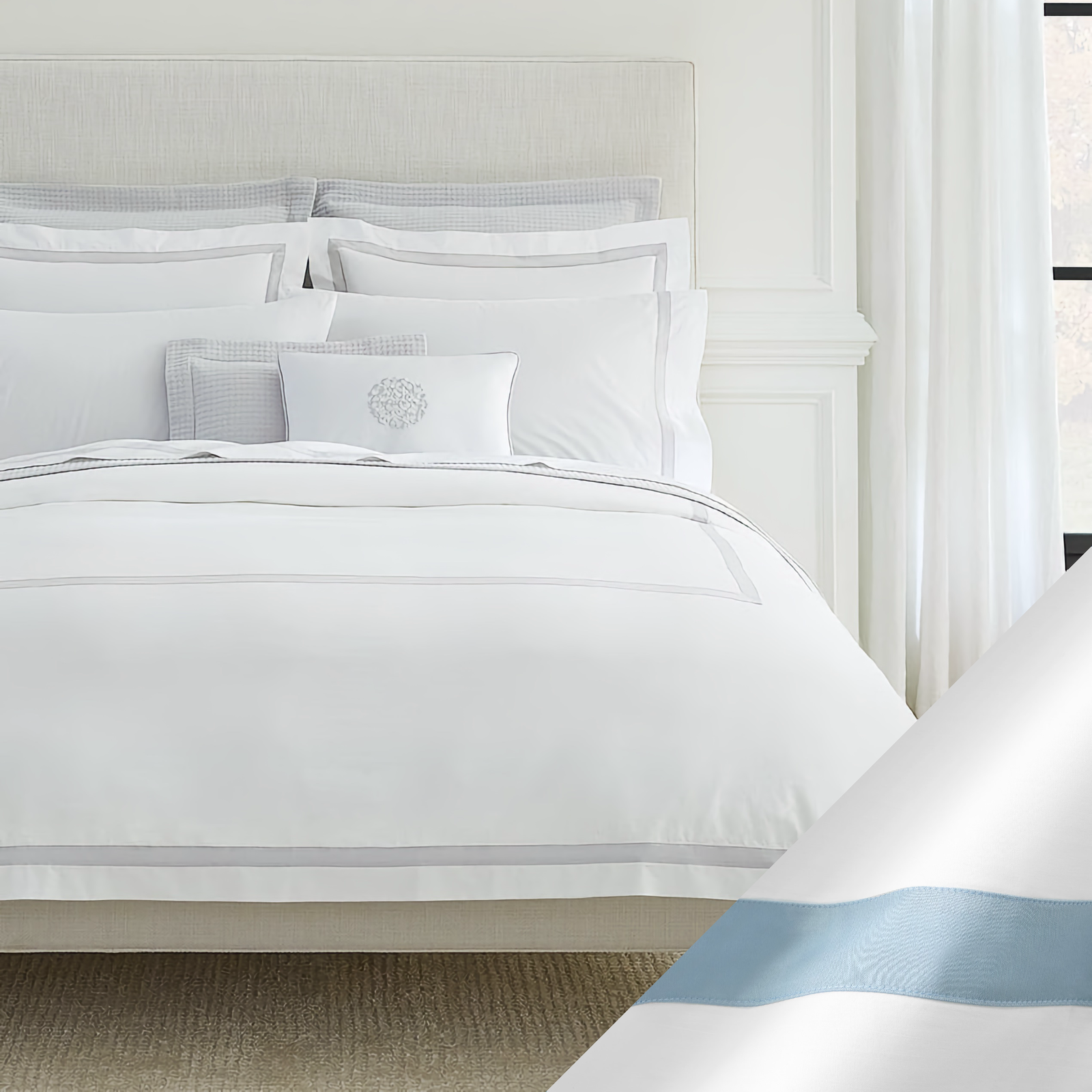 Sferra Estate Bedding with White and Sea Swatch