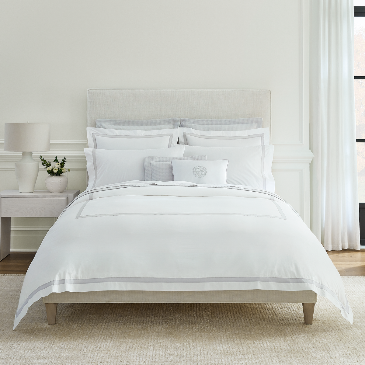 Portrait of Full Bed Dressed in Sferra Estate Collection White Lunar Color