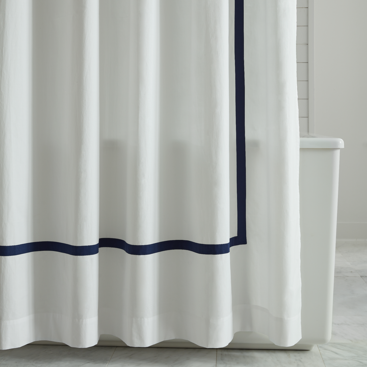 Bottom Photo of Sferra Estate Shower Curtain in White and Navy Color