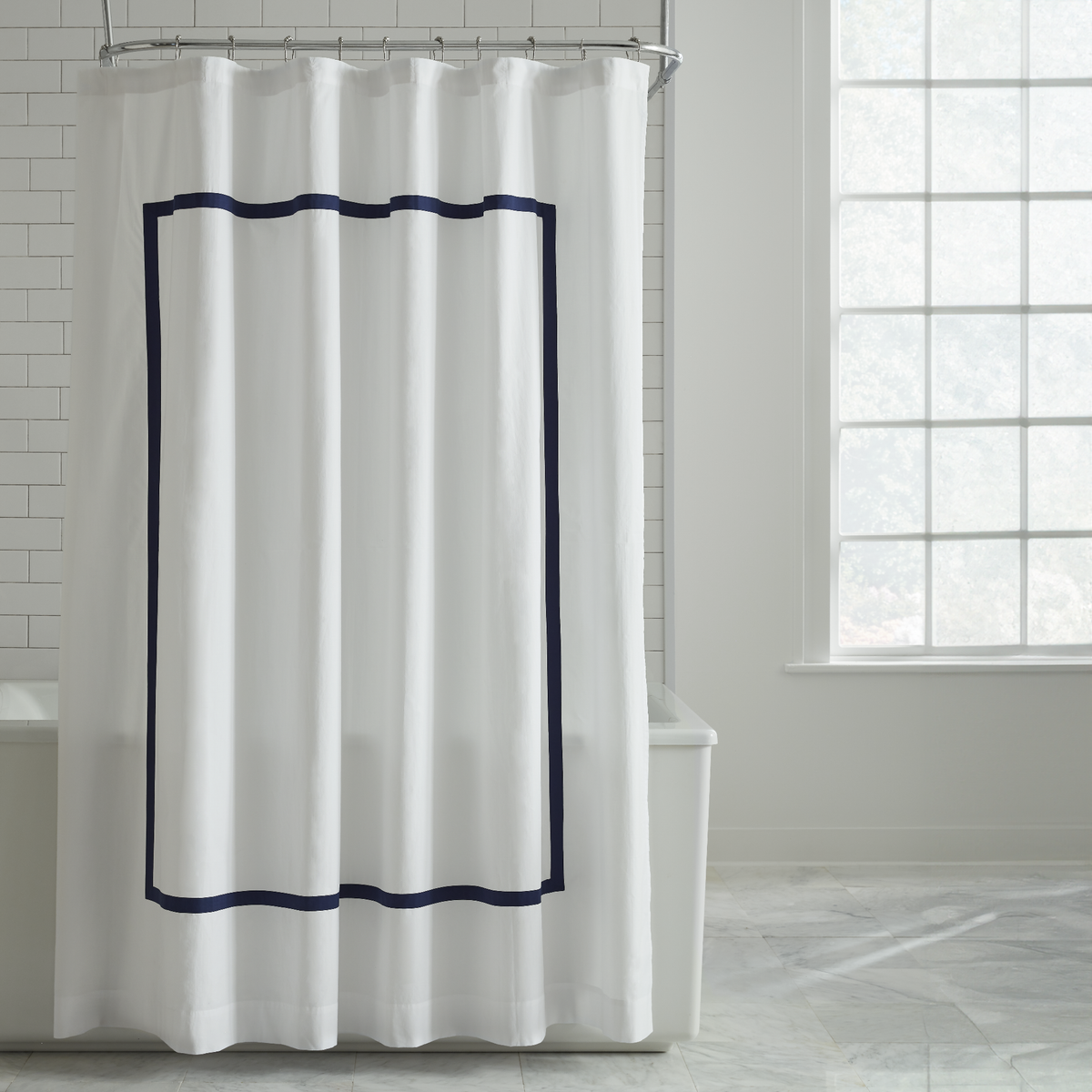 Full Photo of Sferra Estate Shower Curtain in White and Navy Color