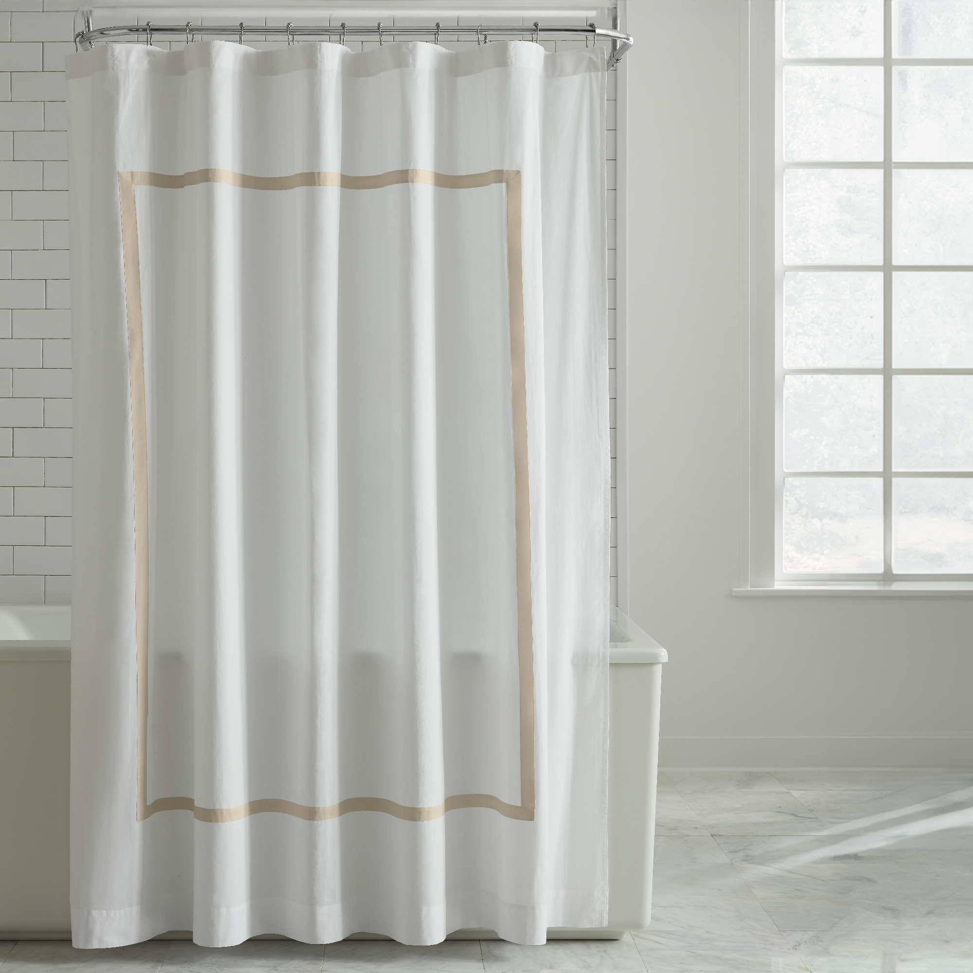 Full Photo of Sferra Estate Shower Curtain in White and Sand Color