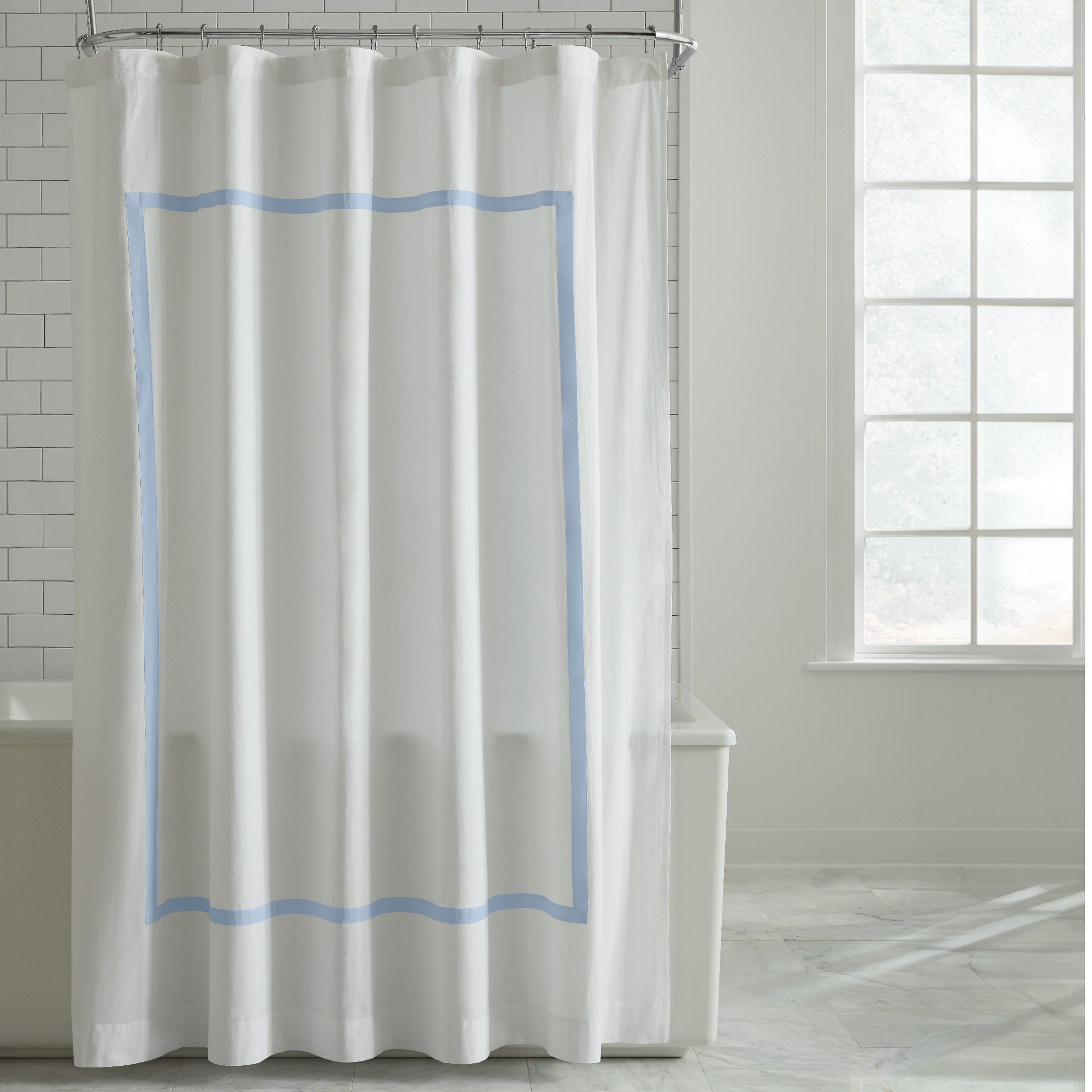 Full Photo of Sferra Estate Shower Curtain in White and Sea Color