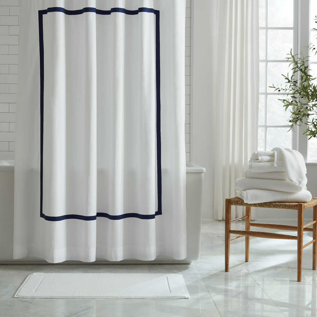 Sferra Estate Shower Curtain in White and Navy Color with White Bath Towel Collection