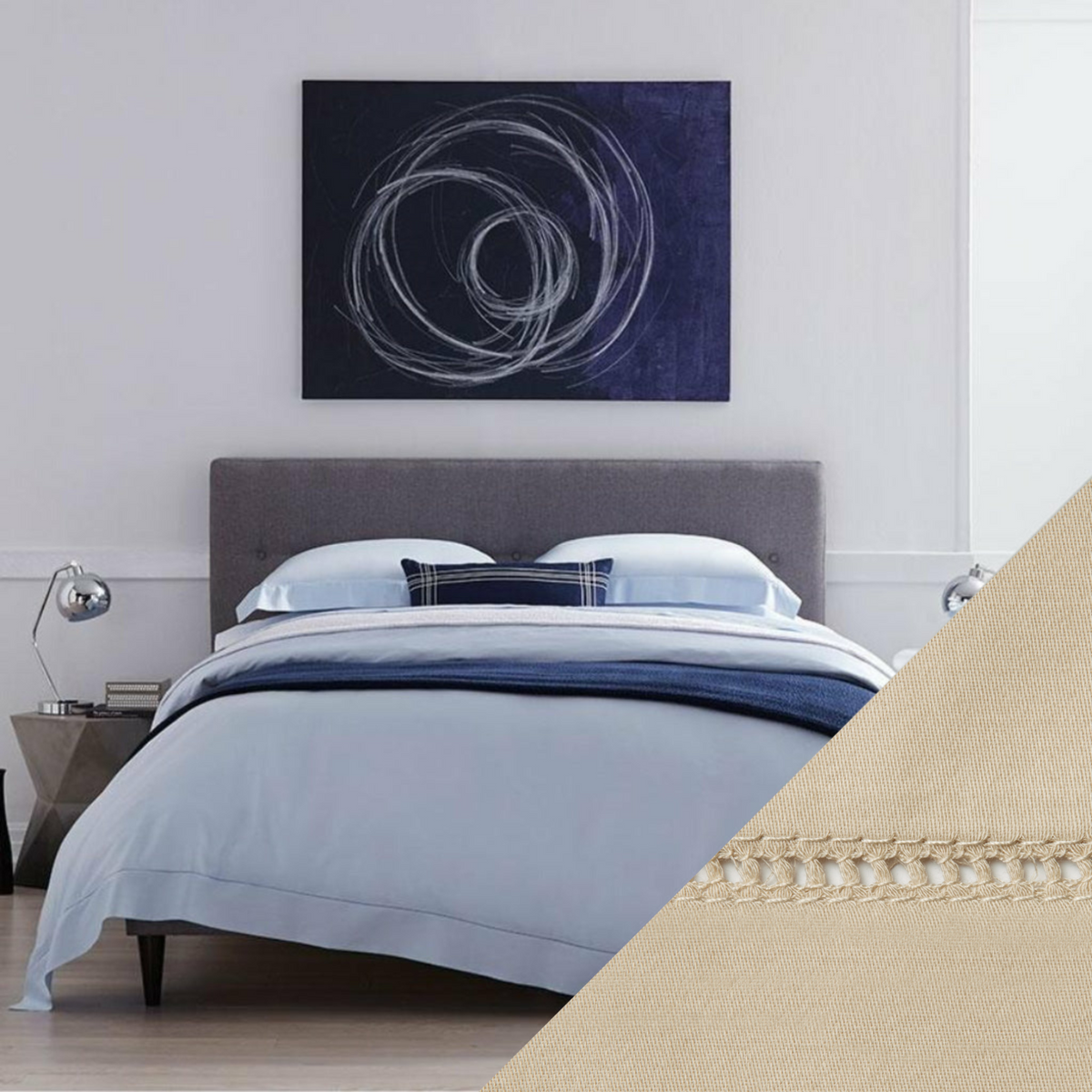 Full Lifestyle Image of Sferra Fiona Bedding with Swatch of Sand