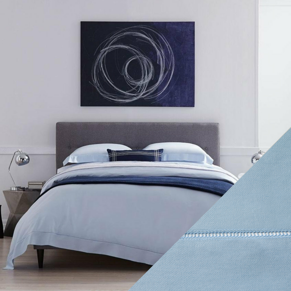 Full Lifestyle Image of Sferra Fiona Bedding with Swatch of Sea