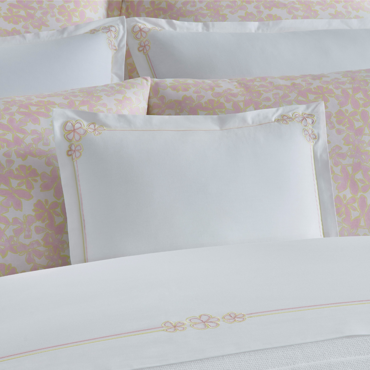 Sferra Fiorina Bedding Folded Shams and Pillows in White/Carnation Color