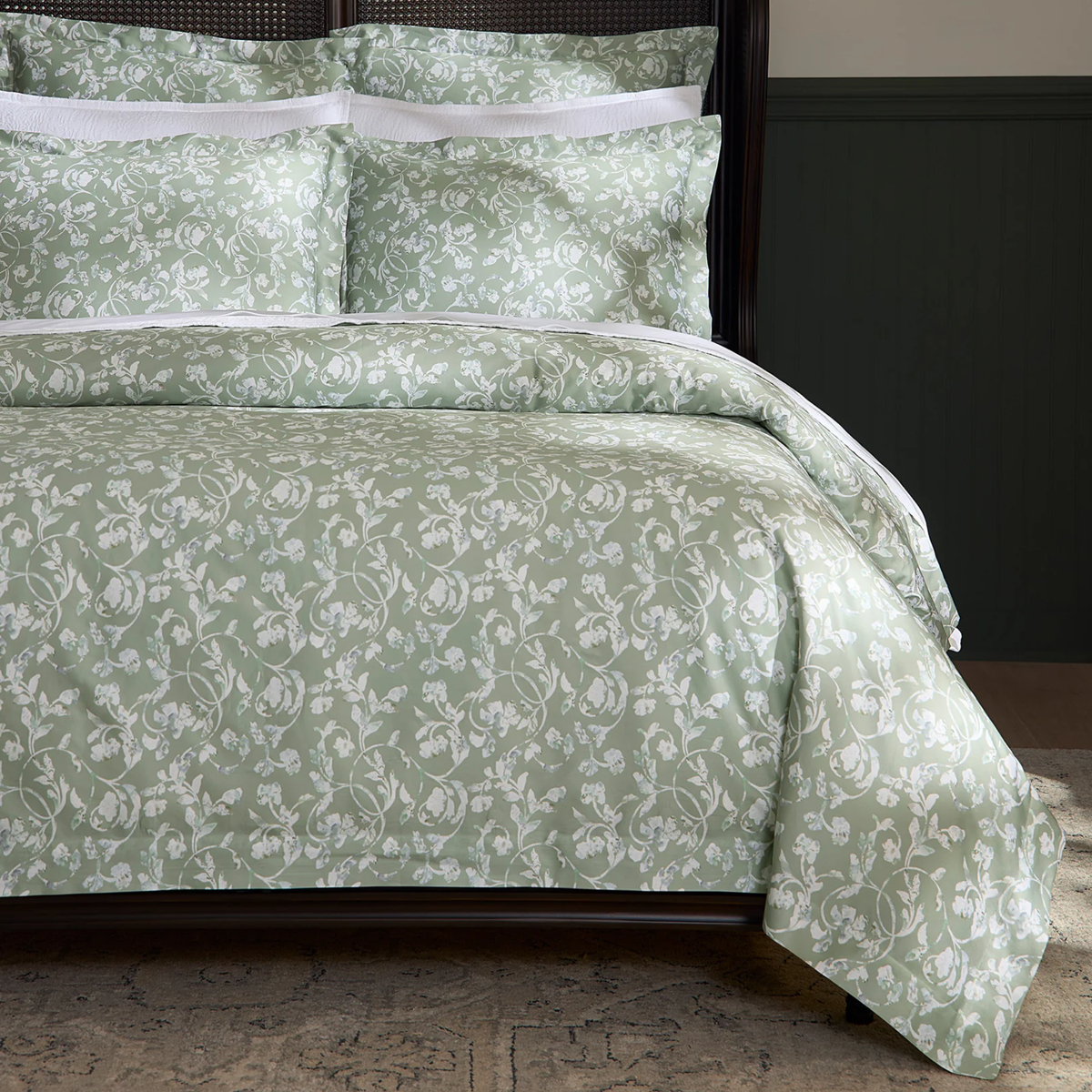 Closeup of Sferra Fronda Duvet Cover and Shams in Sage