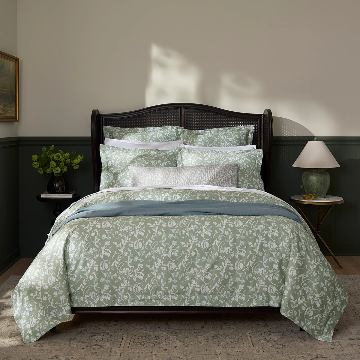 Front View of Bed with Sferra Fronda Duvet Cover and Shams in Sage
