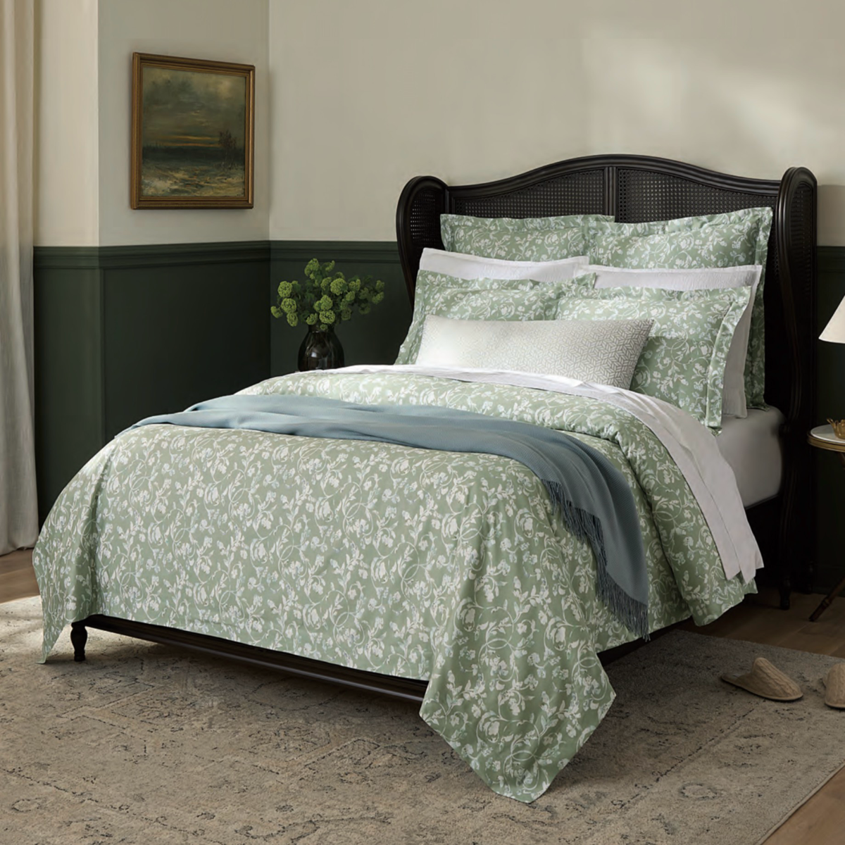 Fronda 1010 Sage duvet cover and shams, Ariel 2622 White flat sheet and fitted sheet, Sabino 4370 White coverlet and shams,
Virentia 11155 Sage decorative pillow, Bristol 11301 Lake decorative throw.