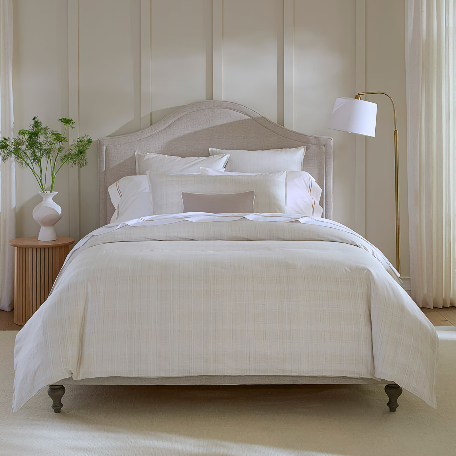 Bed Dressed in Beige Sferra Gianna Duvet Cover and Shams