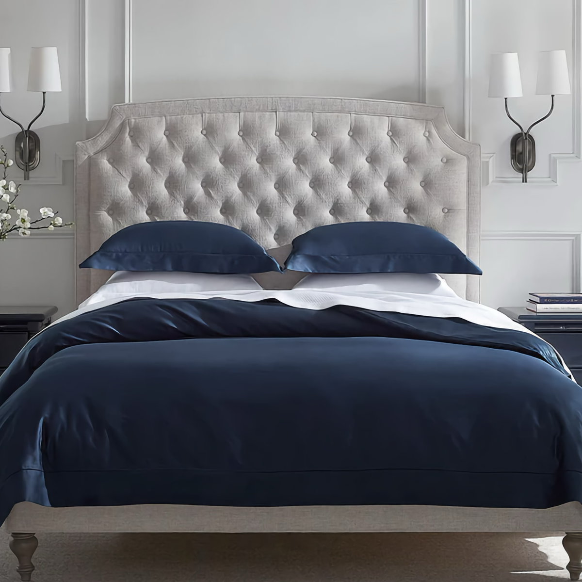 Front View of Sferra Giotto Bedding in Navy Color