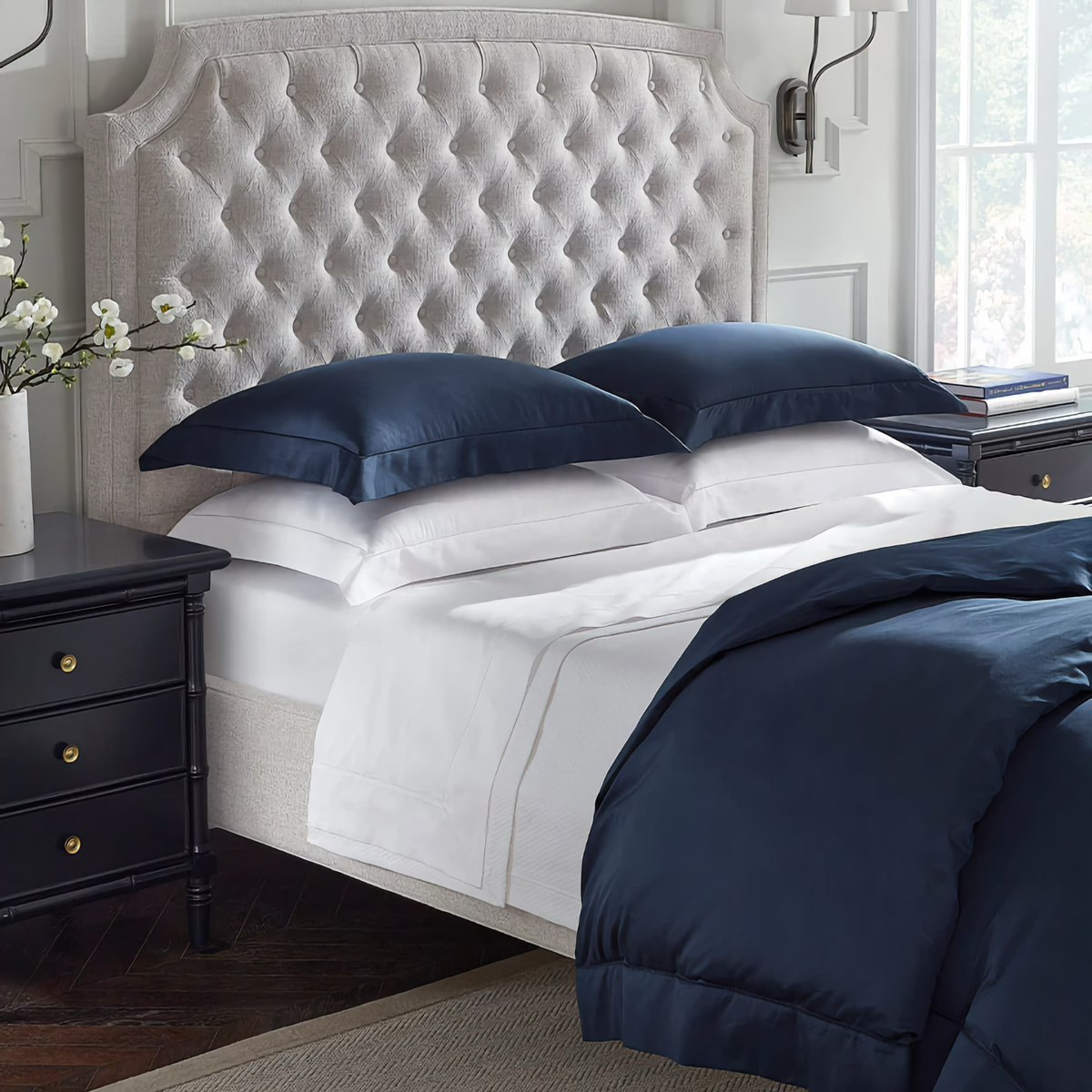 Side View of Sferra Giotto Bedding in Navy Color