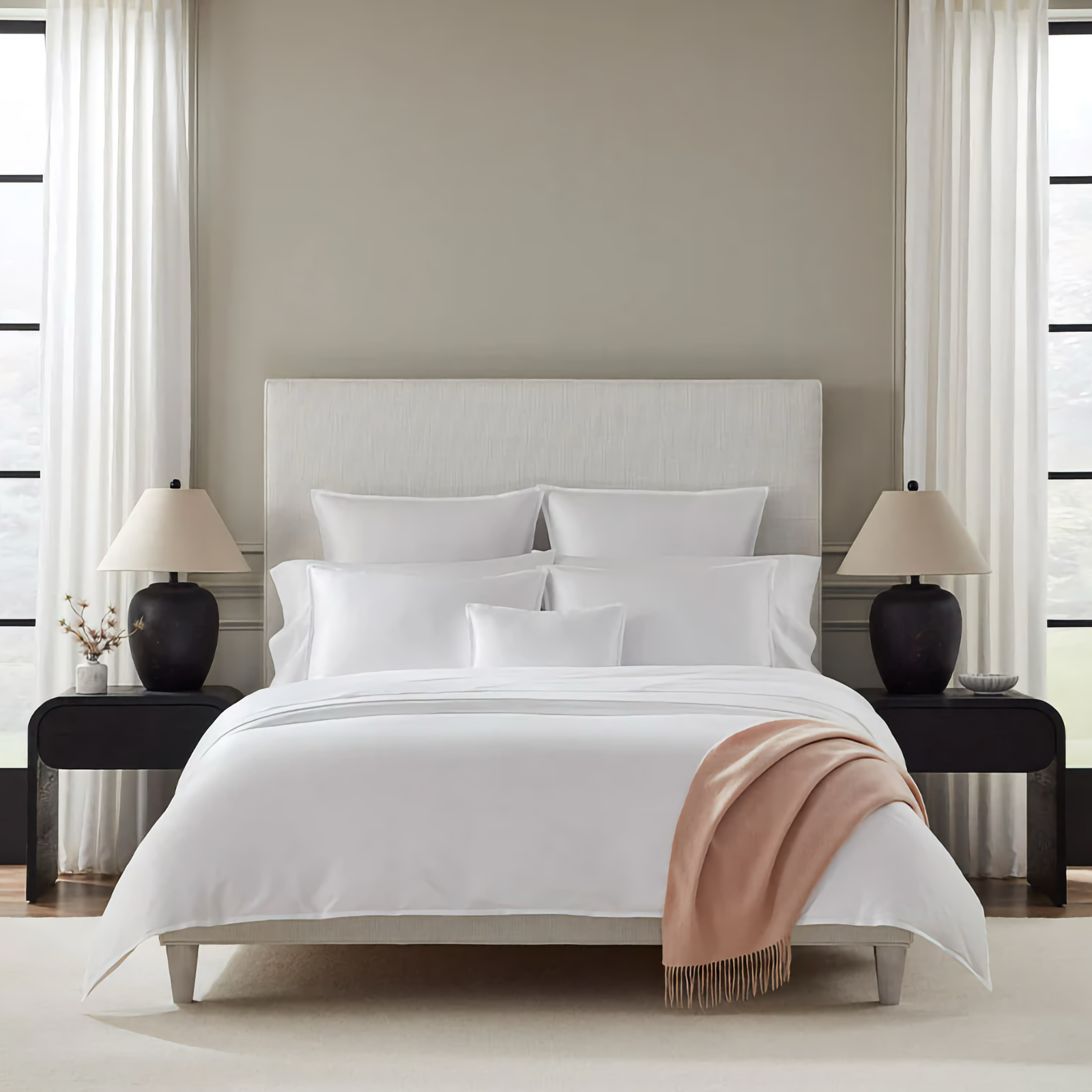 Full Bed Dressed in Sferra Giza 45 Corto Sateen Collection in Color White